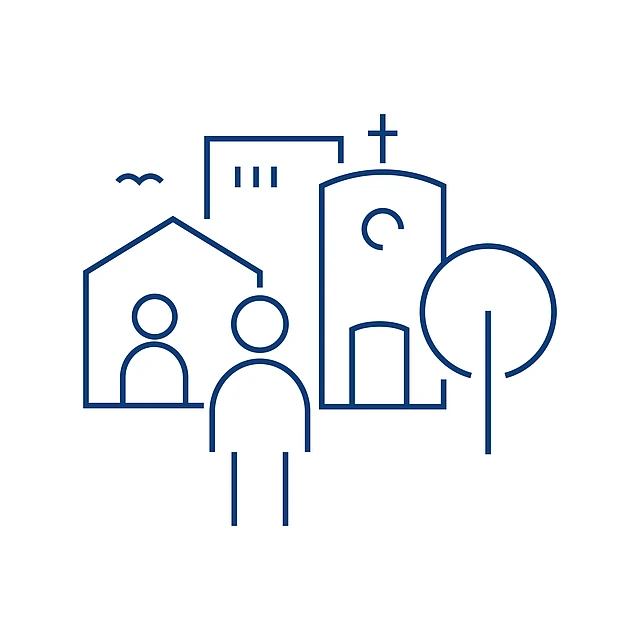 Icon: Personen vor Kirch-Gebäuden, Quartier Gemeinschaft